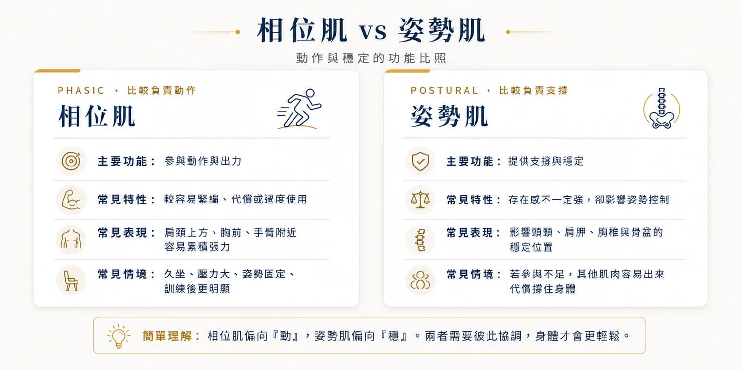 相位肌 vs 姿勢肌：動作與穩定的功能比照